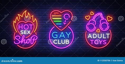sex shop set of logos in neon style neon sign collection gay club adult toys design template