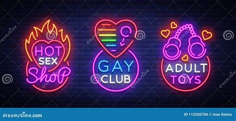 Sex Shop Set Of Logos In Neon Style Neon Sign Collection Gay Club Adult Toys Design Template