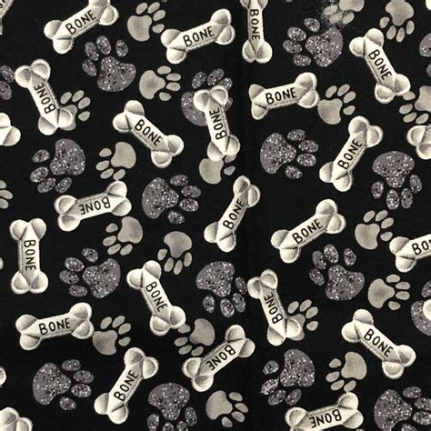 Dog Bones And Paw Prints Cream On Black Cotton Fabric Etsy Dog