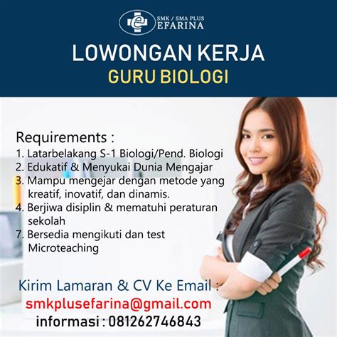 Lowongan kerja sma smk 2021, lowongan kerja d3 s1 semua jurusan dan lowongan kerja cpns 2021, bumn, bums. Lowongan Kerja Guru Biologi - SMK/ SMA Plus Kesehatan Efarina