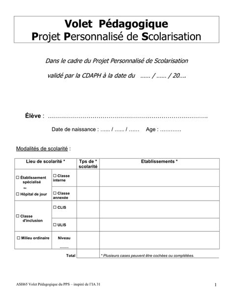 Projet Personnalisé De Scolarisation Doc Pdf Page 1 Sur 9