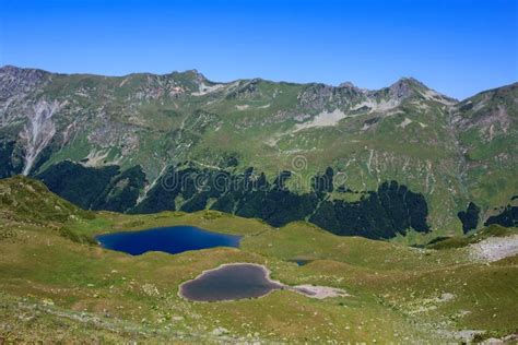 Two Mountain Lakes Surrounded With Alpine Meadows And Evergreen Forest
