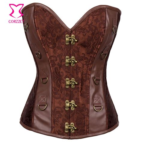 Vintage Brown Brocade Leather Overbust Plus Size Corset