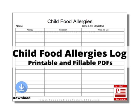 Child Food Allergies and Reactions List Fillable and Print and - Etsy