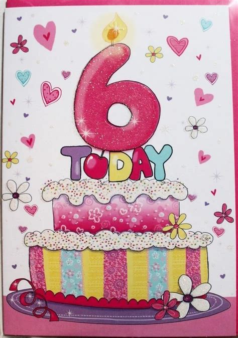 6 Today Birthday Card And Envelope Girl Cake Hearts Flowers Themed