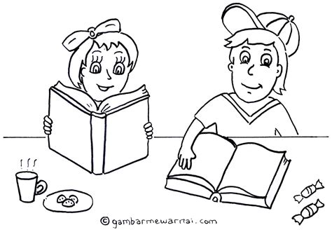 Mewarnai Gambar Anak Membaca Buku Kartun Sketsa Membaca Buku