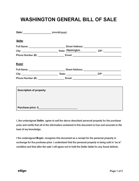 Free Washington Bill Of Sale Forms Pdf Word