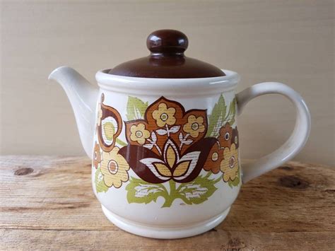 Vintage 70s Sadler Teapot England Brown Flowers Retro Floral