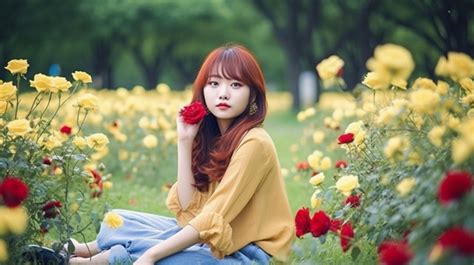 Beautiful Korean Girl In The Field With Roses Background Cute Girl