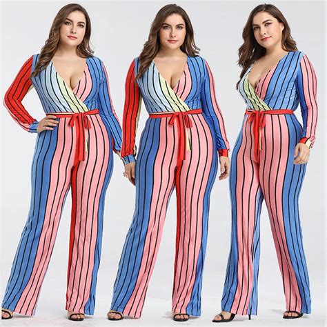 new style women casual long sleeve jumpsuit deep v neck plus size colorful rompers jumpsuit for