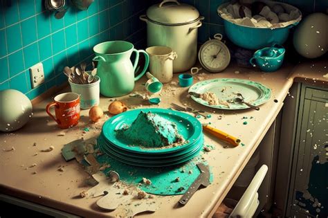 Premium Photo Kitchen Mess In Kitchen With Turquoise Countertop On