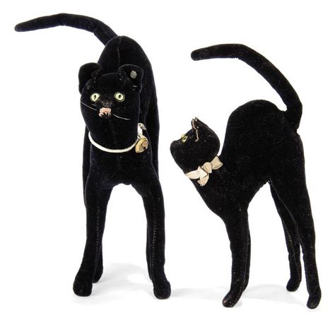 Two Steiff Standing Tom Cats 7414 And 7417 Black Velvet Green And