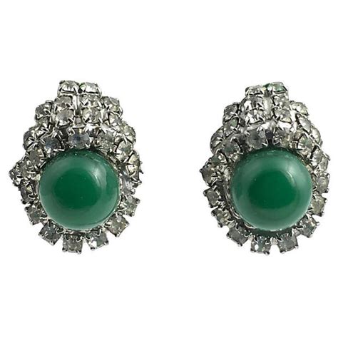 Kramer Faux Jade And Rhinestone Costume Earrings For Sale At 1stdibs