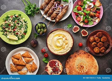 Traditional Middle Eastern Or Arabic Dinner Table Halal Food Stock