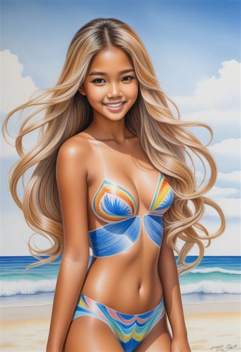 Teen Filipina In Full Body Translucent Paint On Beach Stable