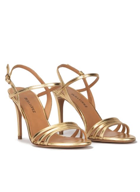 Strappy High Heeled Sandals In Gold Metallic Leather Pura Lopez