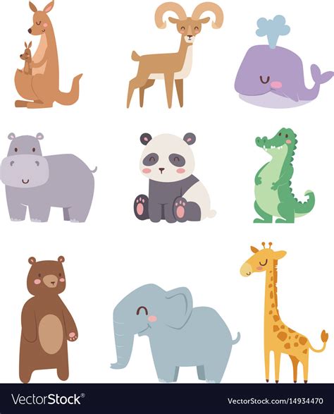 Cute Zoo Cartoon Animals Isolated Funny Wildlife Vector Image