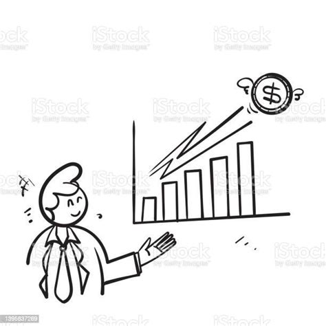 Hand Drawn Doodle Businessman Showing Big Rising Profit Growth Graph