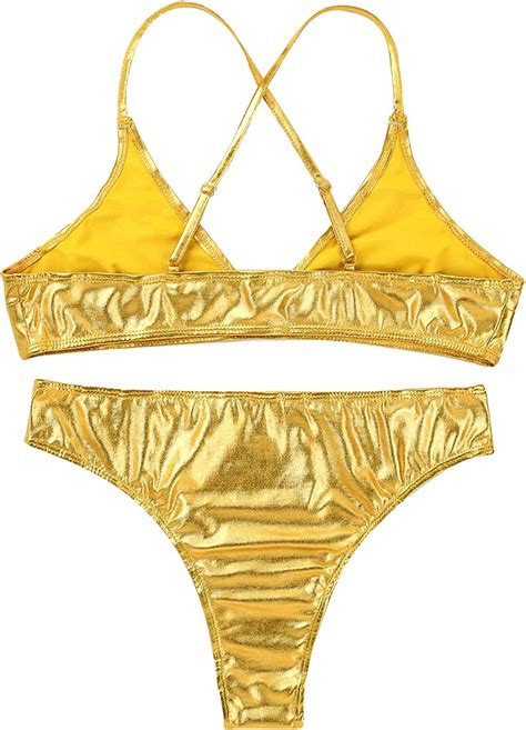Janjean Womens Shiny Metallic Bikini Sets Beachwear X Back Bikini Bra Top With
