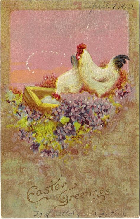 Antique Easter Postcard Chickens Violets 1912 Easter Postcards
