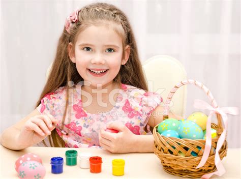 Cute Little Girl Painting Colorful Easter Eggs Stock Photo Royalty