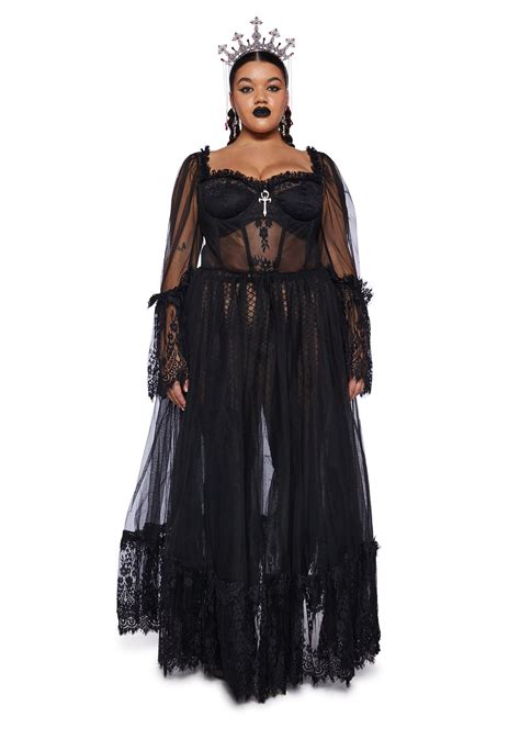 Plus Size Widow Gothic Lace Bustier Long Sleeve Maxi Gown Black