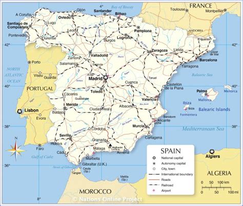 Physical map of spain showing major cities, terrain, national parks, rivers, and surrounding countries with international borders and outline maps. Spain Map - railwaystays.com