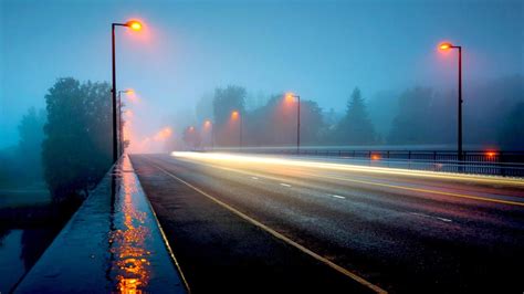 A Highway Bridge In A Foggy Rainy Night Hd Desktop Background Wallpaper
