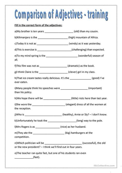Comparison Of Adjectives Training English Esl Worksheets For
