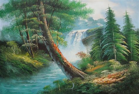 Waterfall And Cascades Down From Green Alpine Forest Oil Painting