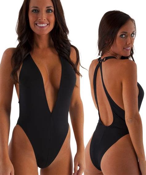 Womens Sexy Plunging Neckline One Piece Tanga In Thinskinz Black Made On Order Not For The
