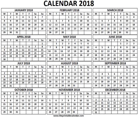 2018 Calendar 12 Months Calendar On One Page Free