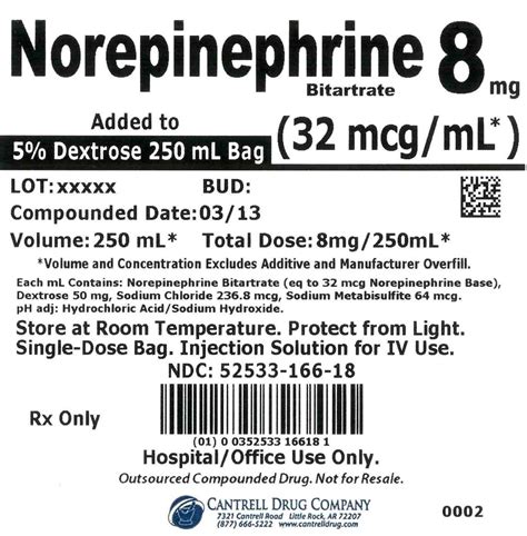 Norepinephrine Bitartrate 8 Mg Added To 5 Dextrose 250 Ml Bag