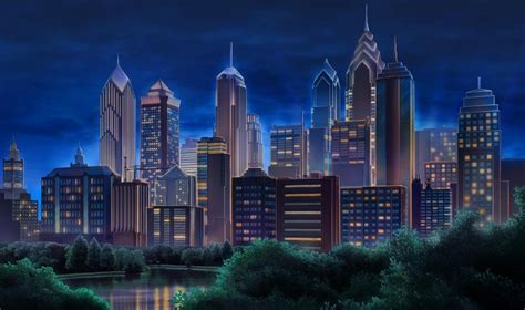 Ext Philly Skyline Night Scenery Background Anime Scenery