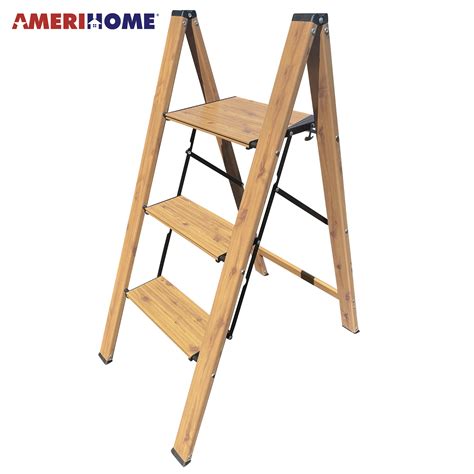 Amerihome Aluminum Wood Grain Three Step Folding Utility Step Ladder