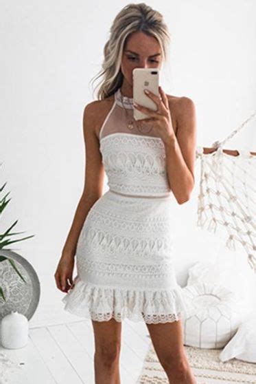 White High Neck Crochet Lace Dress With Flutter Hem Lace Mini Dress