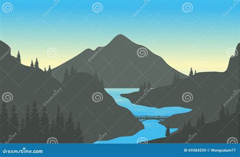 River In The Mountain Of Silhouette Stock Vector Illustration Of
