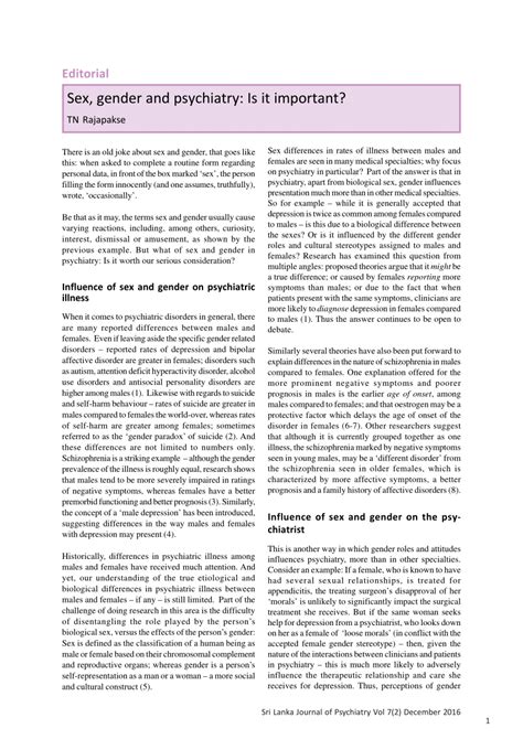 Pdf Sex Gender And Psychiatry Is It Important