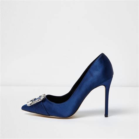 River Island Navy Satin Diamante Buckle Court Shoes In Blue Lyst UK