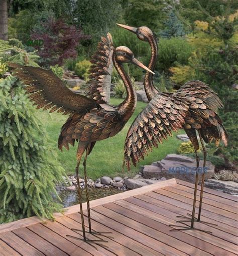 Large Bronze Patina Flying Crane Sculpture Heron Bird Metal Statue Yard