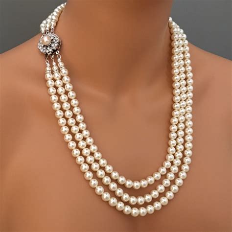 Long Pearl Necklace Set With Earrings Rhinestone Clasp Etsy