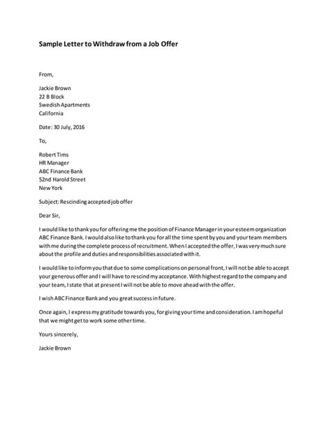 Job Offer Withdrawal Letter Template Pdf