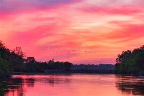 Red Bloody Sunset Over The River In Summer Stock Image Image Of Light