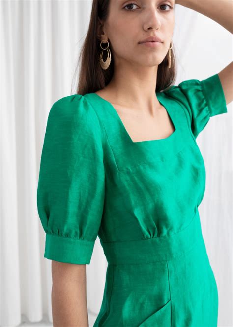 Linen Blend Puff Sleeve Dress Green Midi Dresses And Other Stories