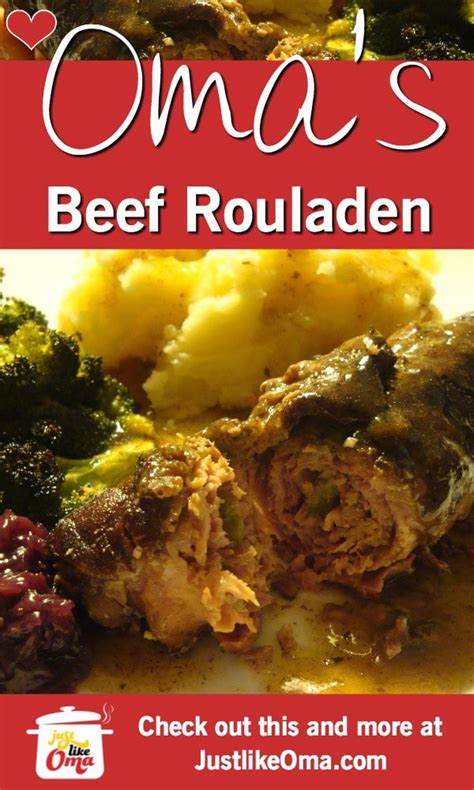 Bacon, mustard, onions, pickles and spices are hidden away in the beef, which slowly braises. Authentic German Beef Rouladen Recipe Just like Oma's ...