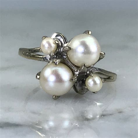Vintage Pearl Ring 14k White Gold Unique Engagement Ring June