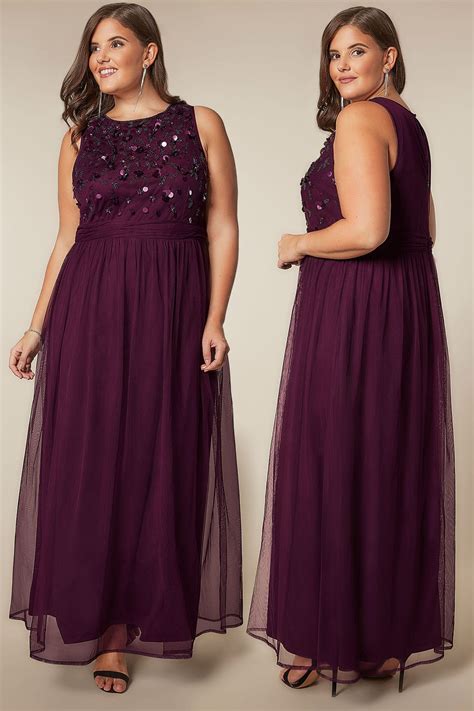 Luxe Dark Purple Bead And Sequin Embellished Maxi Dress Plus Size 16 To 32