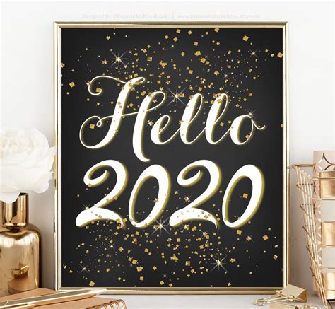 Hello 2020 New Year Eve Sign Gold Glitter New Years Eve Printables