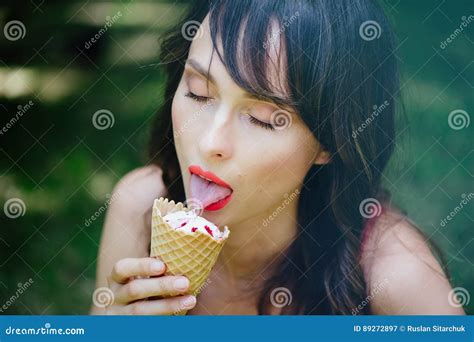 Beautiful Woman Eating Ice Cream Stock Image Image Of Face Female 89272897