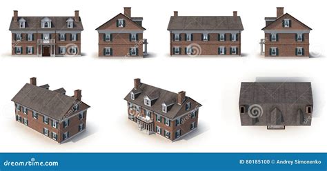 Red Brick Colonial Architecture Style Renders Set From Different Angles